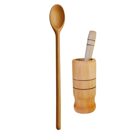 KIT CONJUNTO PARA COZINHA COLHER DE PAU E PILÃO TEMPERO DE MADEIRA PARA COZINHA