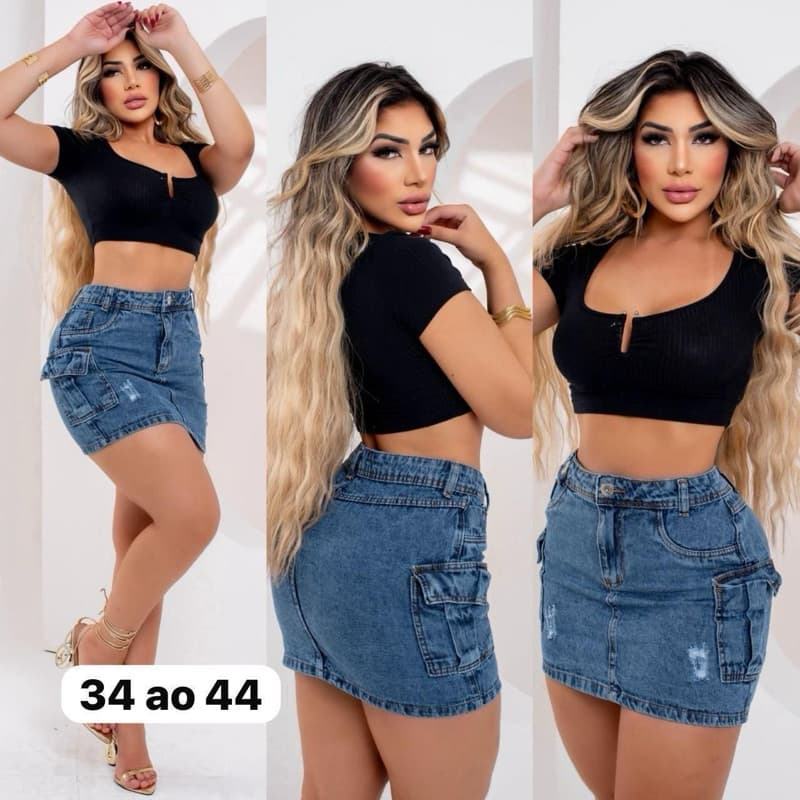Saia Jeans Cintura Alta Desfiada Luxo de Fábrica