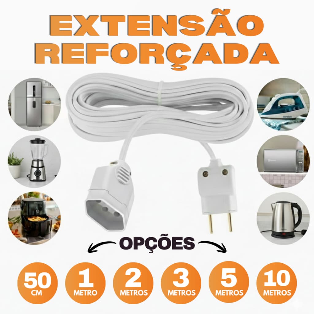 Extensão Elétrica Reforçada 1/2/3/5 Metros Cabo Grosso 2x1,5 Branca | 110v e 220v