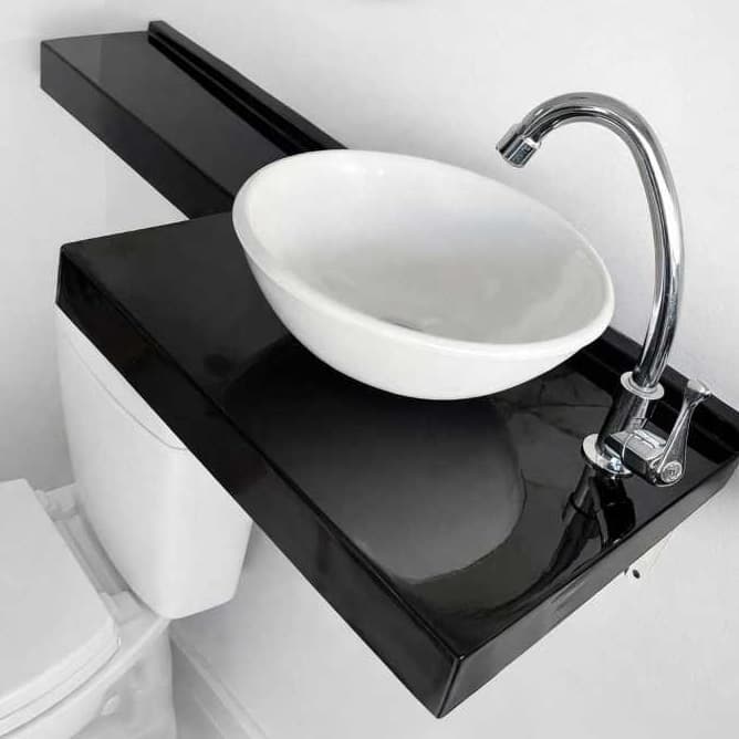 BANCADA EM L 35X93CM PRETO C/ CUBA SOBREPOR 30CM / PIA EM MÁRMORE SINTÉTICO / ACOMPANHA VÁLVULA / LAVABO