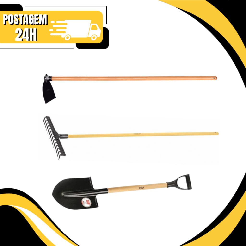 Kit Enxada Estreita 22cm + Ancinho Rastelo 14 Dentes + Pá de Bico