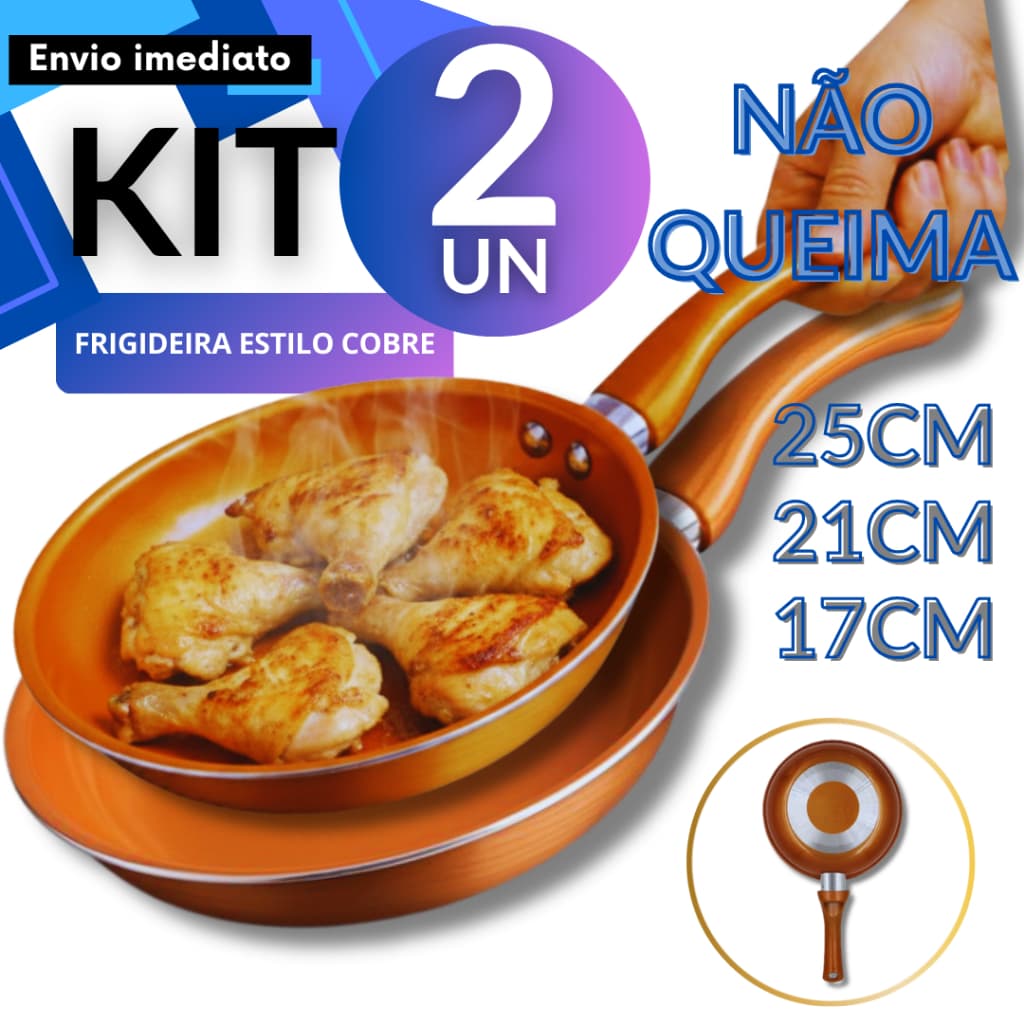 Kit 2 Frigideiras Cerâmica Antiaderente Cobre 17cm + 21cm/17cm+25cm/21cm+25cm Cozinha Fácil Dia a Dia