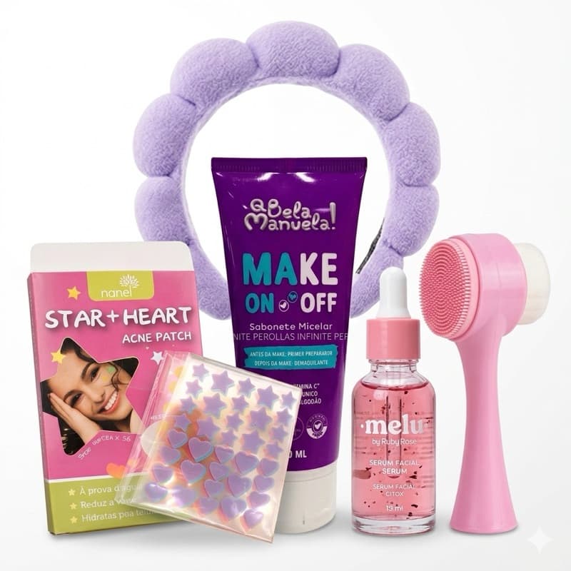 Kit Skincare Completo Limpeza Facial Sérum Melu Escova Facial Sabonete Micelar Patch Acne Tiara Spa