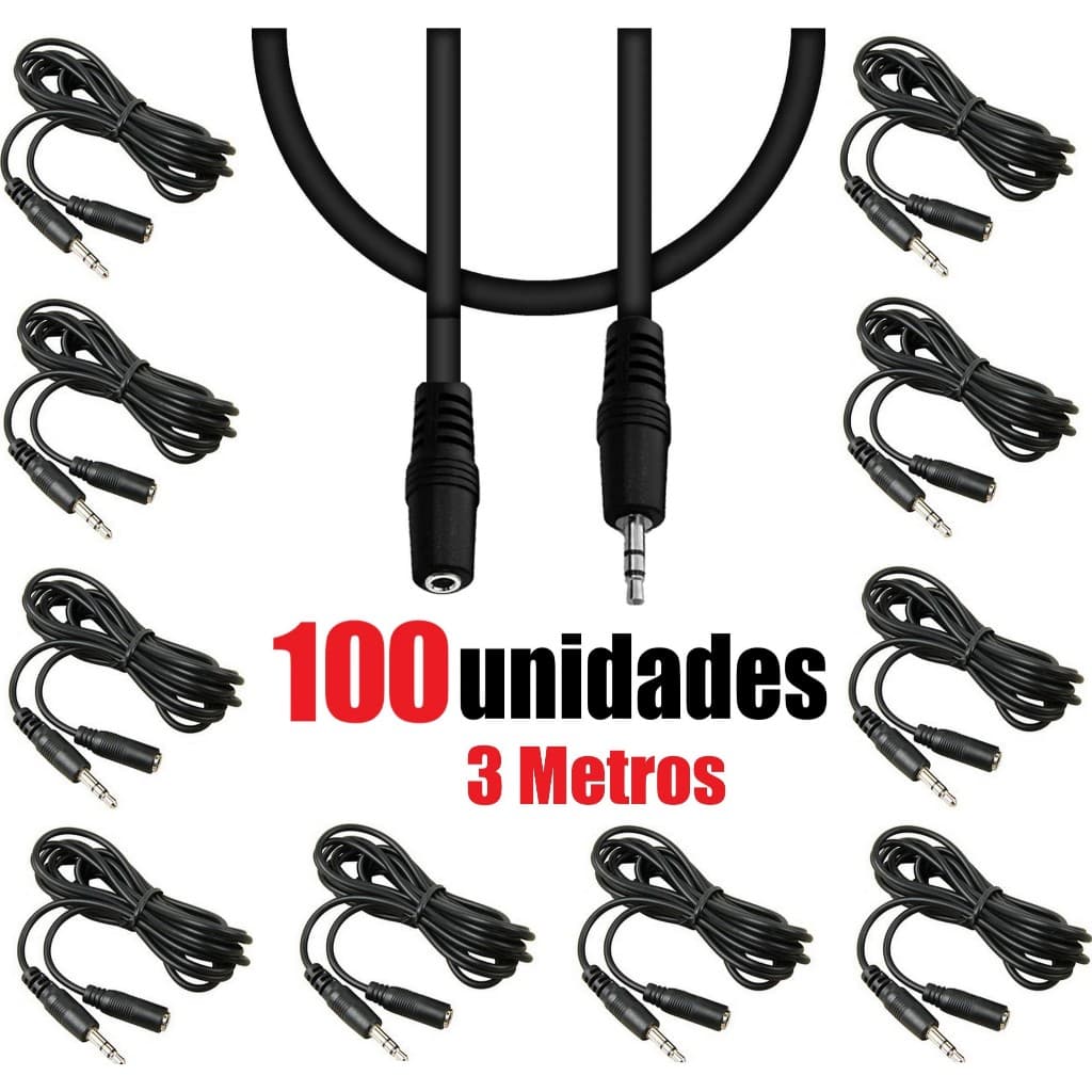 Kit com 100 Cabo Extensor Extensão P2 Audio Fone Ouvido Microfone Macho Femea Stereo 3 Metros Atacado RS