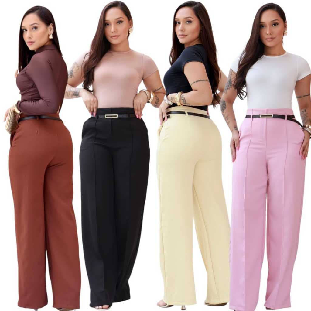 Calça Alfaiataria Pantalona Com Zíper Lateral Cintura Alta Com Cinto