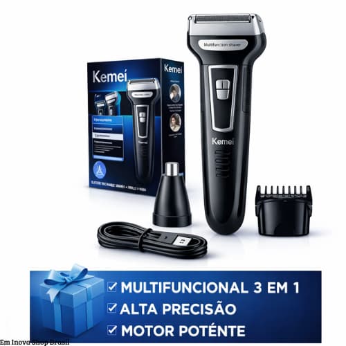Aparador Cortador Barbeador Kemei  Elétrico 3 em 1  Máquina Barba Cabelo Pelos  Nariz  Orelha