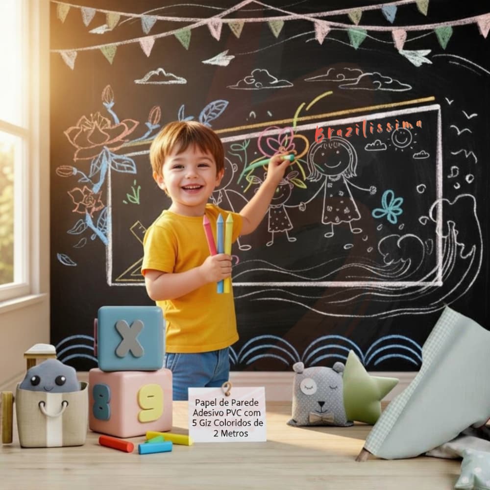 Papel de Parede Adesivo + 5 GIZ Lousa 2M 45cm Preto Fosco Quadro Negro Parede Decorativo Escrever com Giz