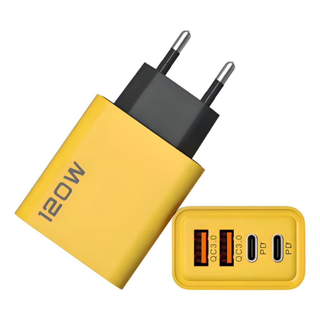Carregador Turbo 120W Amarelo 4 Portas USB-C PD QC 3.0 Ultra Rápido Universal Fonte de Parede Potente PRONTA ENTREGA