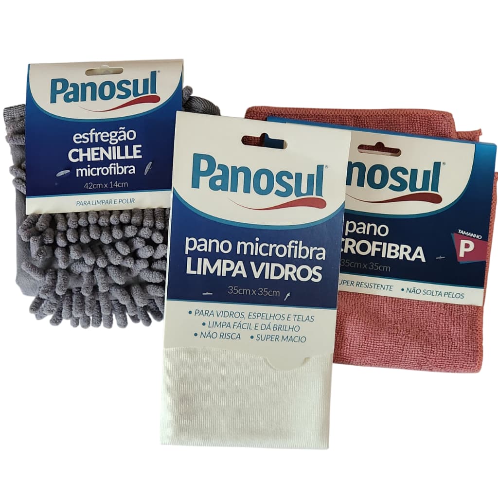 Kit 3 Produtos Pano Microfibra 35cm x 35cm + Esfregão Chenille 42cm x 14cm + Limpa Vidros 35cm x 35cm Panosul Original
