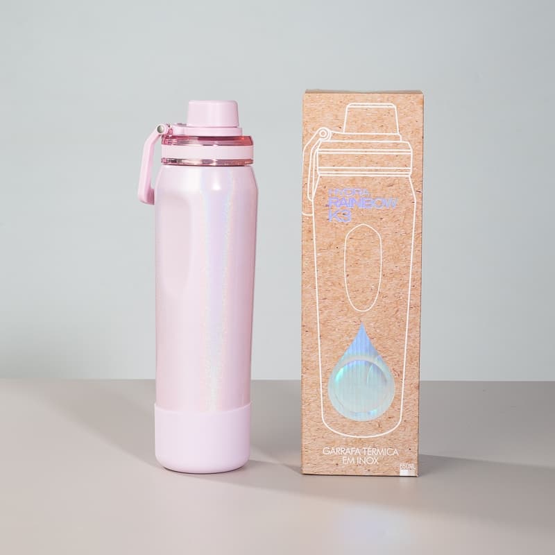 Garrafa Térmica 650ml Aço Inox Rosa Claro Holográfico Personalizada Academia Bebida Gelada Quente