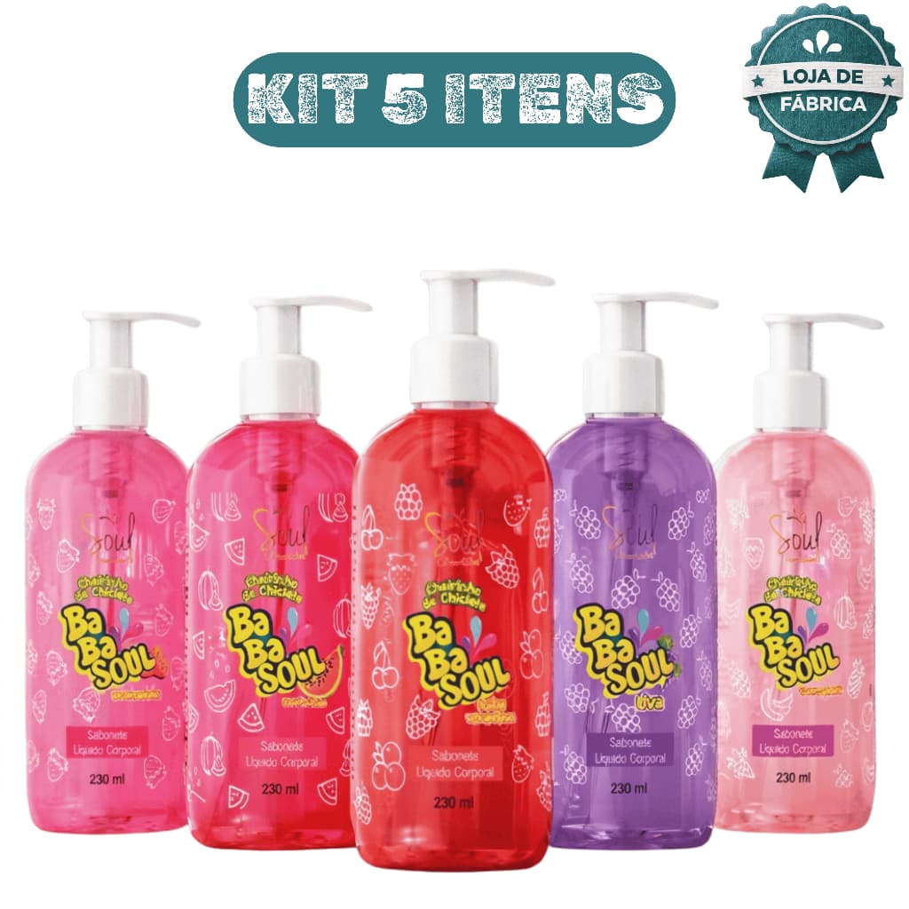 Kit 5 Sabonete L铆quido Corporal Babasoul 230ml Limpeza Suave Hidrata莽茫o Pele Macia