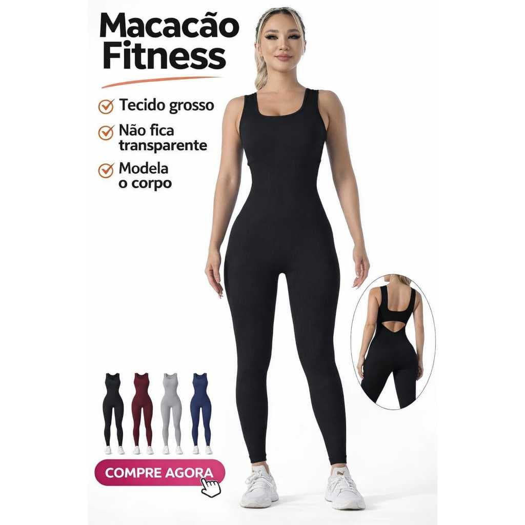 Macacão Fitness Feminino Tecido Grosso Não Transparente Modelador Com Bojo Removível Academia-Cod:B35