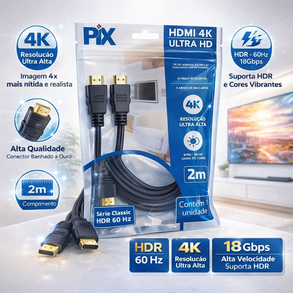 Cabo HDMI 2M 4K Ultra HD PIX 18Gbps HDR 60Hz Pontas Gold Alta Velocidade