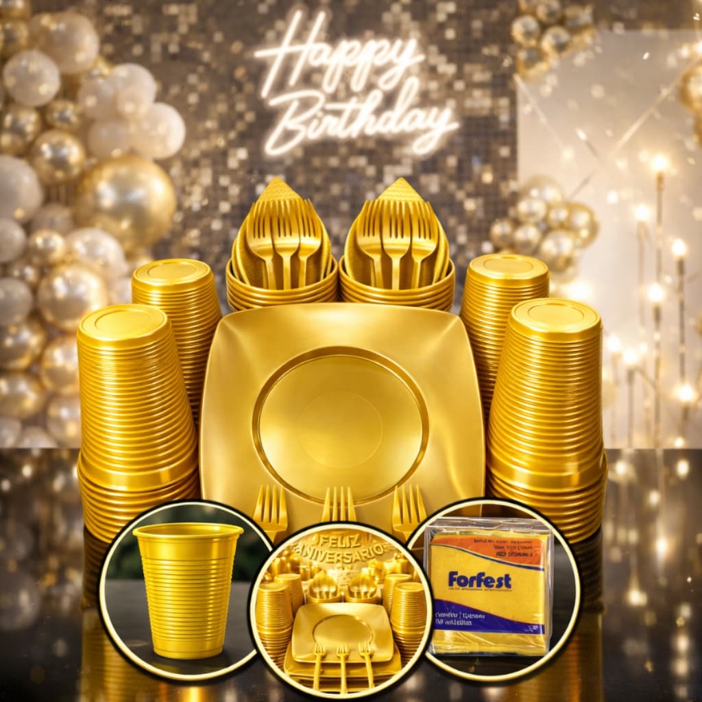 Kit Aniversário 200 itens Festa Dourado 50 Pratos Acrílico 50 Garfinhos 50 Guardanapos Ouro Descartaveis Para Festa