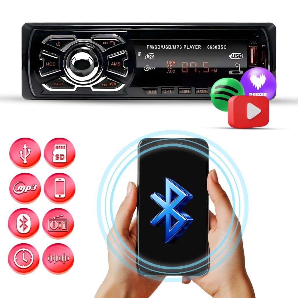 Rádio MP3 Automotivo Bluetooth USB SD FM Player Universal Compatível Todos Veículos