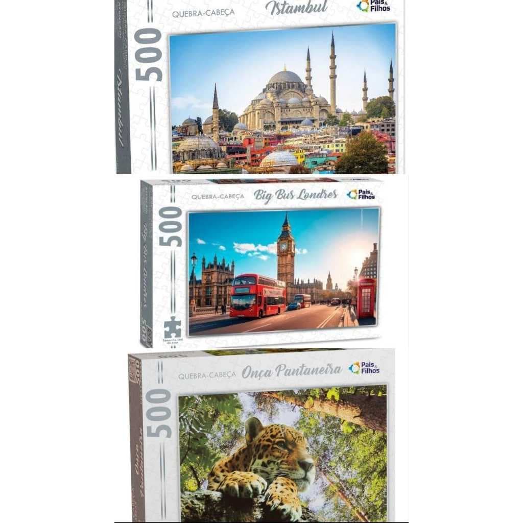 kit 3 quebra cabeças 500 peças istambul + big bus 500 peças + onça pantaneira 500 peças