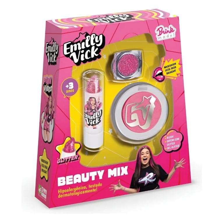 Kit Maquiagem Infantil Emily Vick Original Beauty Set Batom Glitter Blush Brinquedo Menina Presente +3 Anos