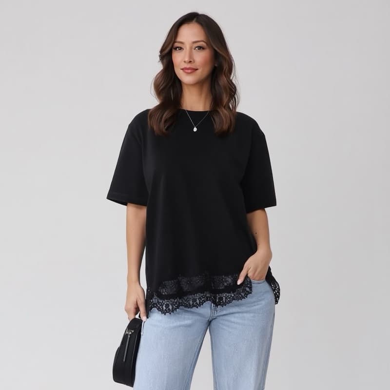 Camiseta Algodão Com Detalhe Em Renda Estilosa Moda Oversized