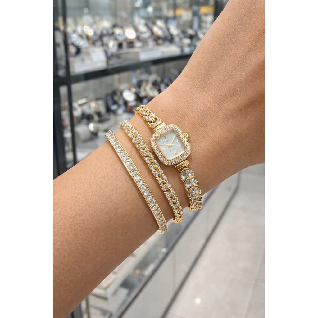 Relogio Quadrado Luxo Dourado Feminino Pulseira Brilho 3242