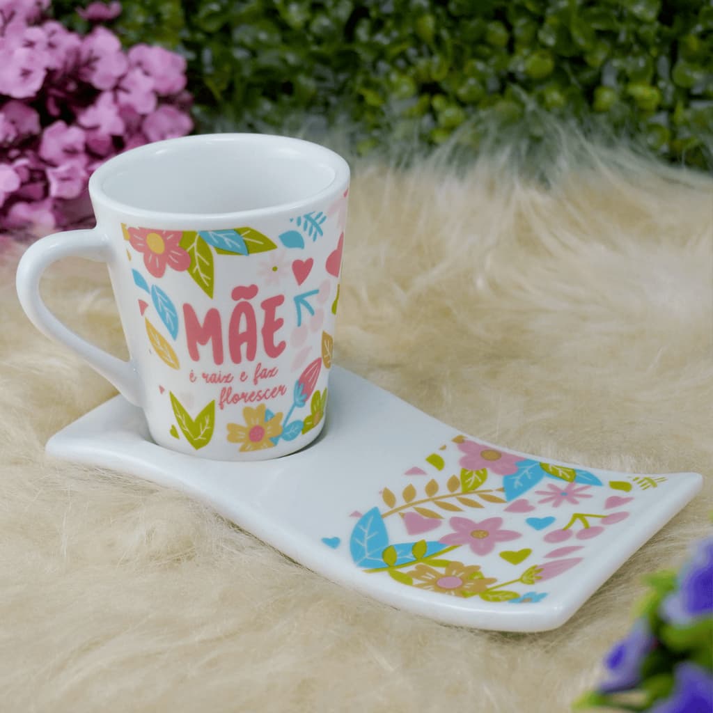 Kit Xícara Caneca Porcelana 120ml Café/Chá + Pires Ondulado Mãe Raiz Floral