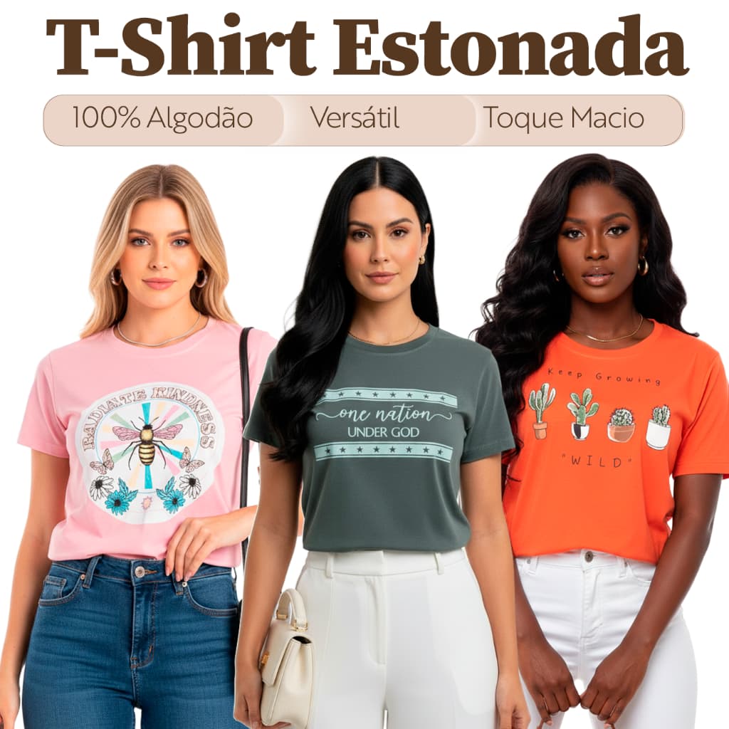 T-shirt Estonada Sortida Feminina 100% Algodão Manga Curta Gola Redonda Moda Despojada Elegante