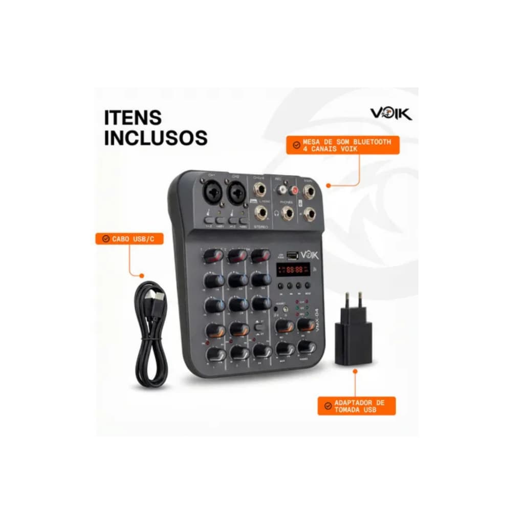 Mesa de Som Interface 4 Canais Bluetooth USB Voik VMX-04