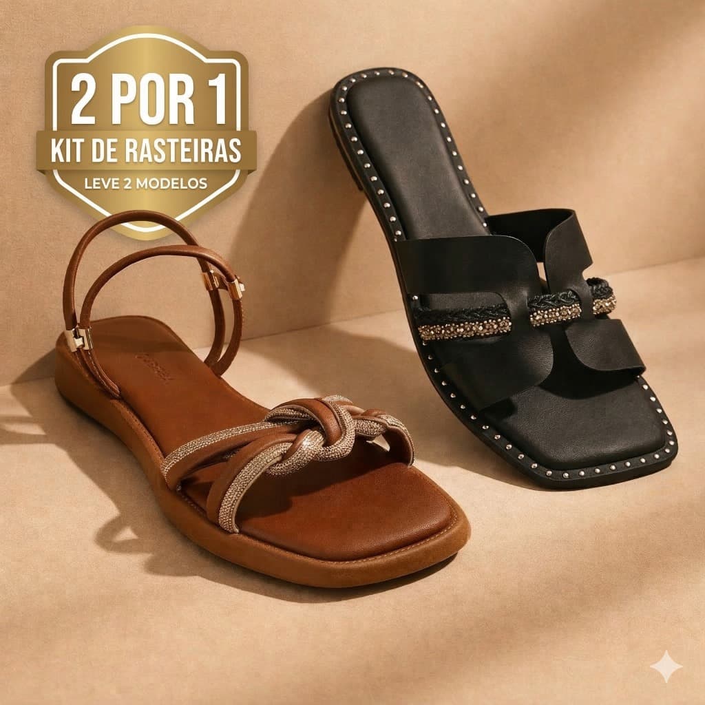 Kit 2 Sandálias Rasteiras Femininas Confortáveis Elegantes Strass Casual Moda Dia a Dia Leve