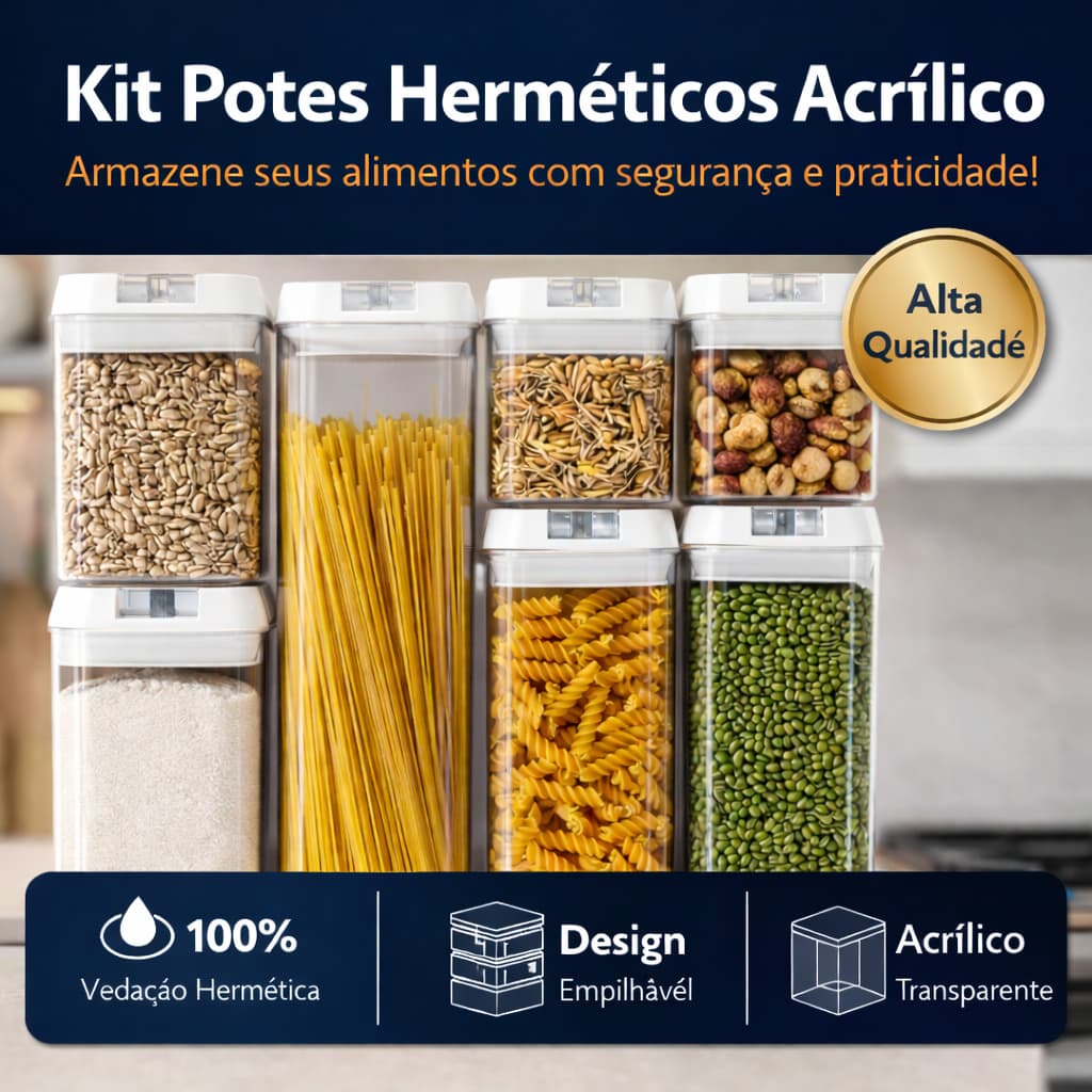 Kit Potes Hermeticos Acrilico 7 Pecas Organizador Cozinha Transparente Mantem Alimentos Frescos Despensa