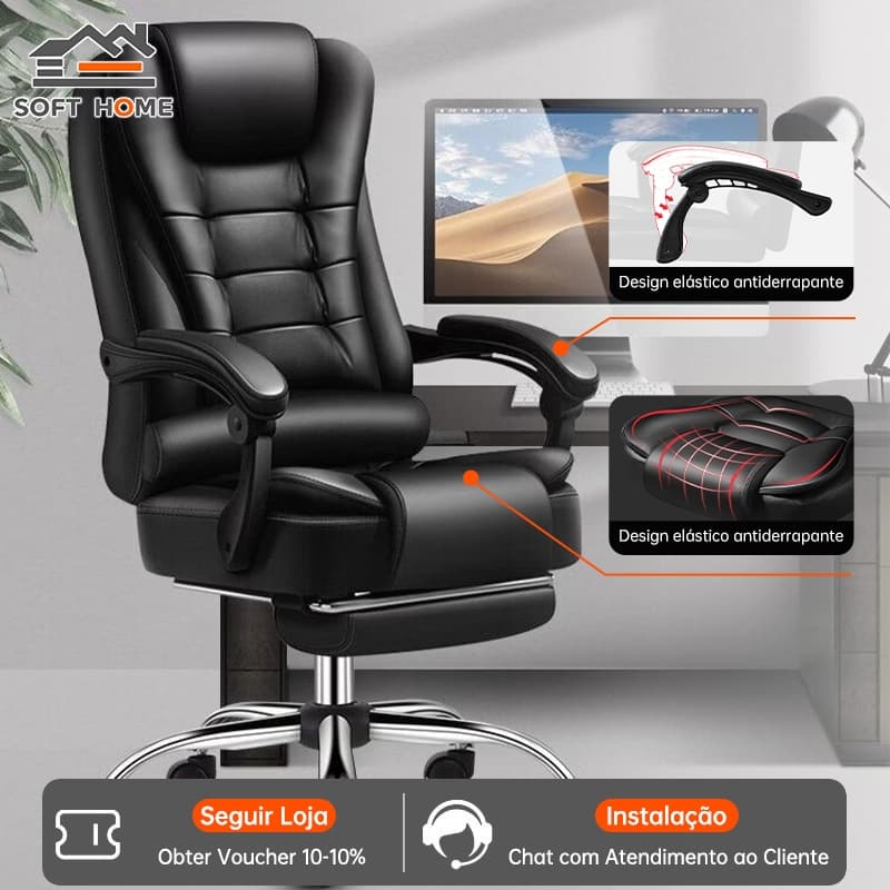 SOFTHOME Cadeira de Escritório Ergonômica Reclinável de Couro com Apoio para Pés e Rodas para Home Office