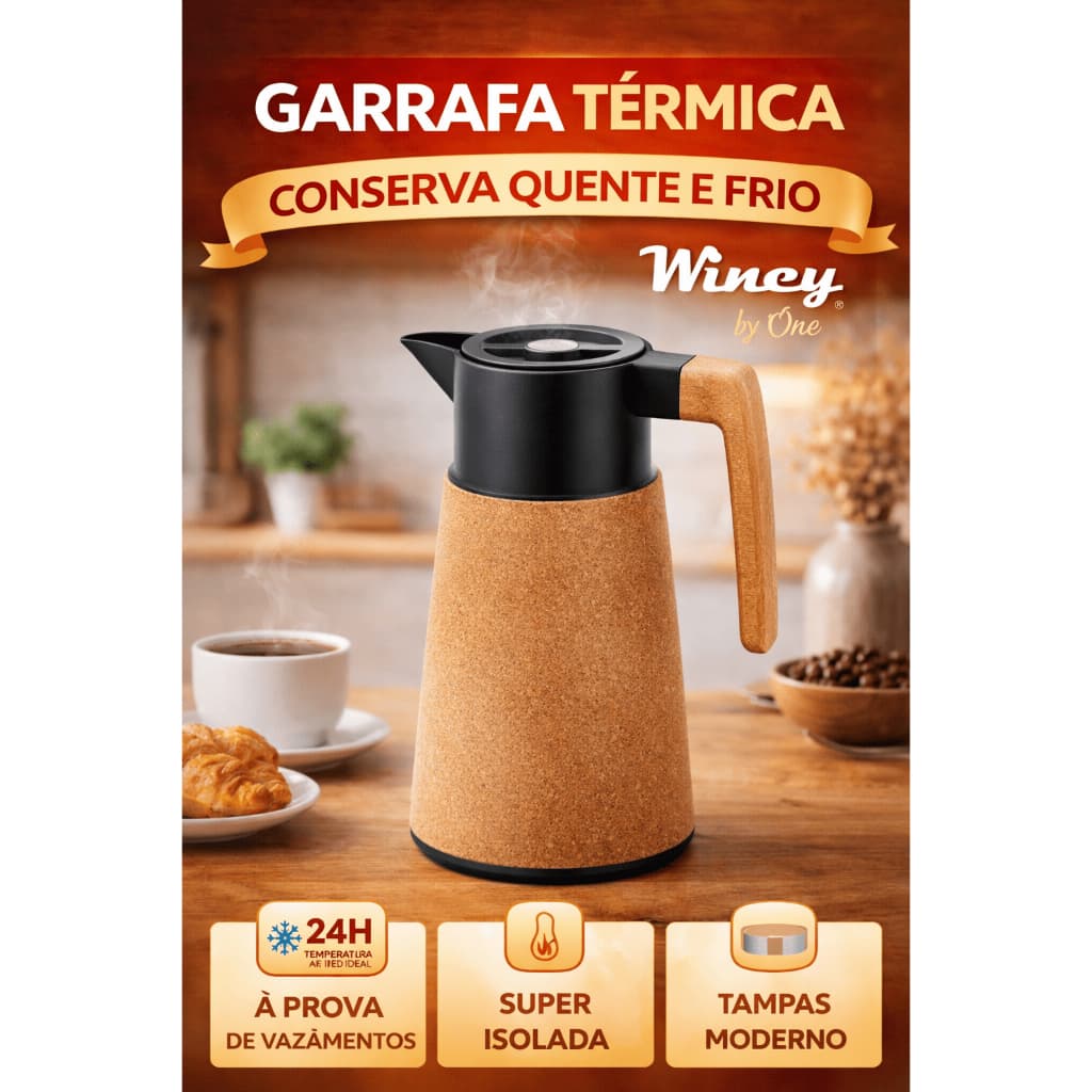 Garrafa Térmica Café Chá Oasis 1 Litro Preto Cortiça Wincy