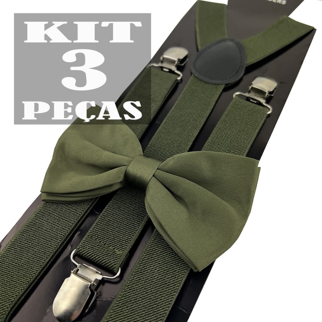 Pacote com 3 Kits Gravata Borboleta e Suspensório Verde Oliva Adulto