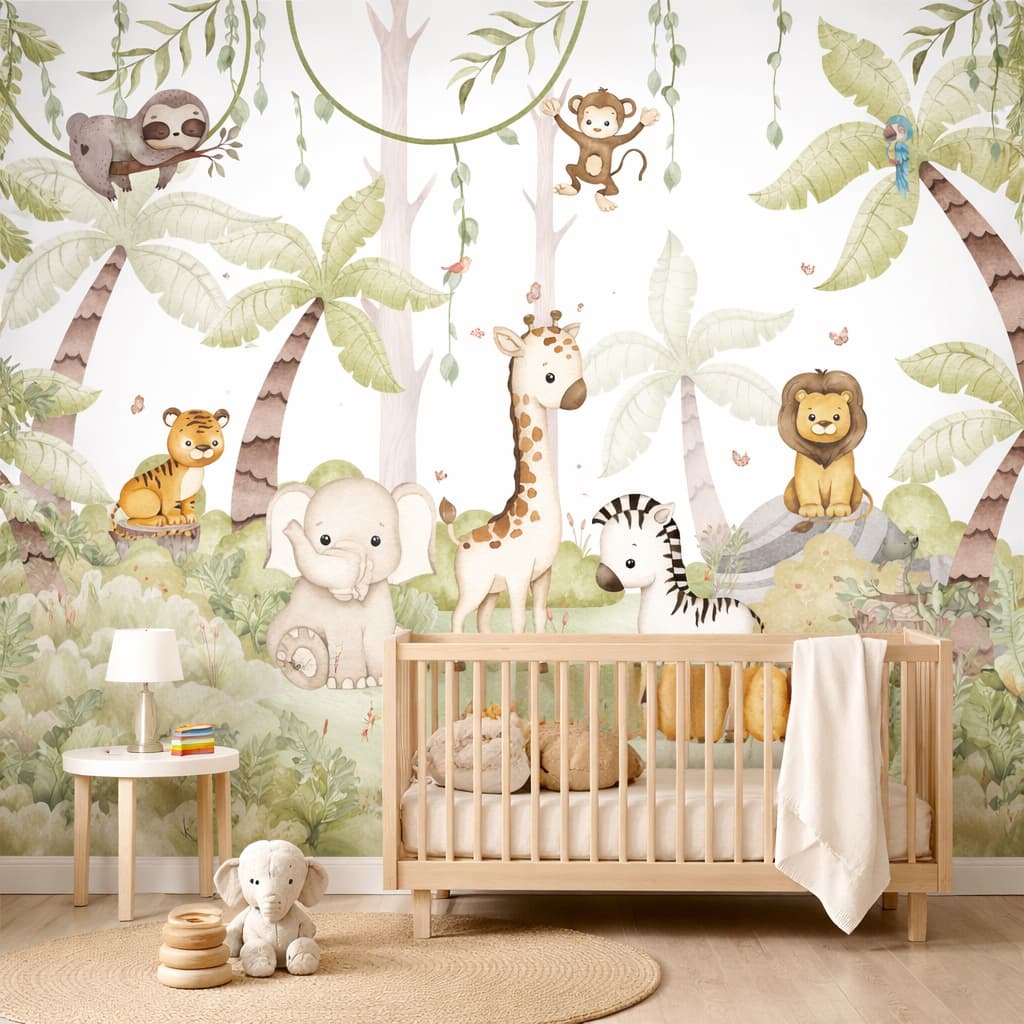 Papel de Parede Adesivo Safari na Floresta - Painel Decoração Quarto Infantil Safari
