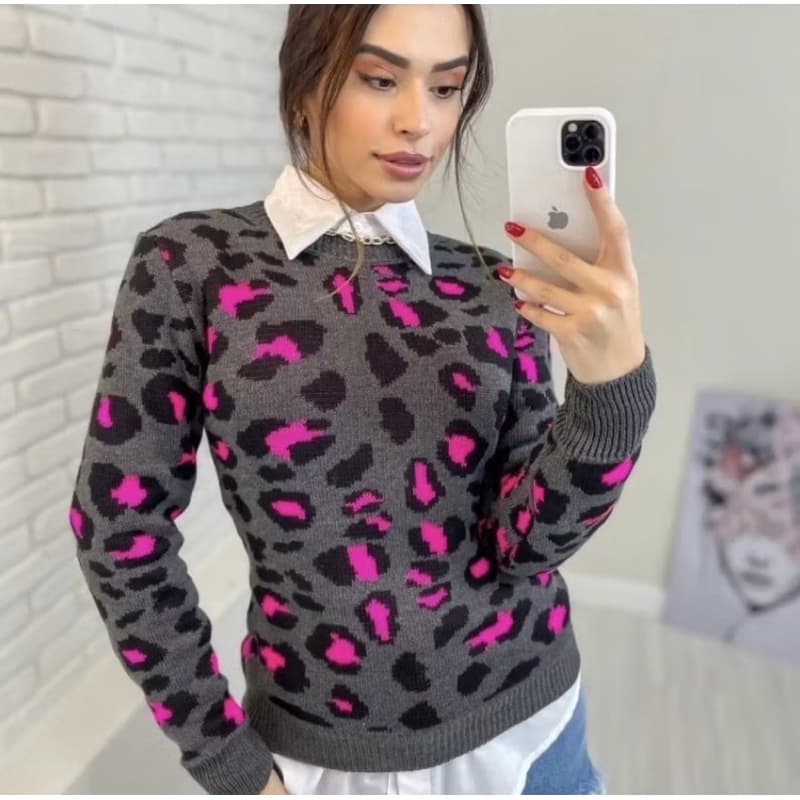 Blusa Feminina Tricô Onça Animal Print Xela Malhas Tricot