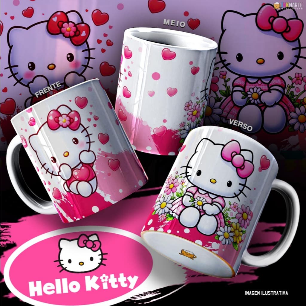 Caneca Hello Kitty e Kuromi 325ml Cerâmica | Caneca Fofa Presente Cute