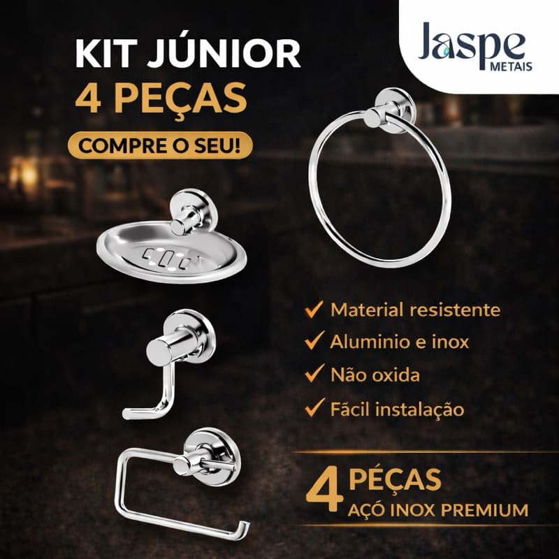Kit Banheiro Júnior 4 Peças | Porta Papel Higiênico, Cabide, Papeleira e Porta Toalha de Rosto