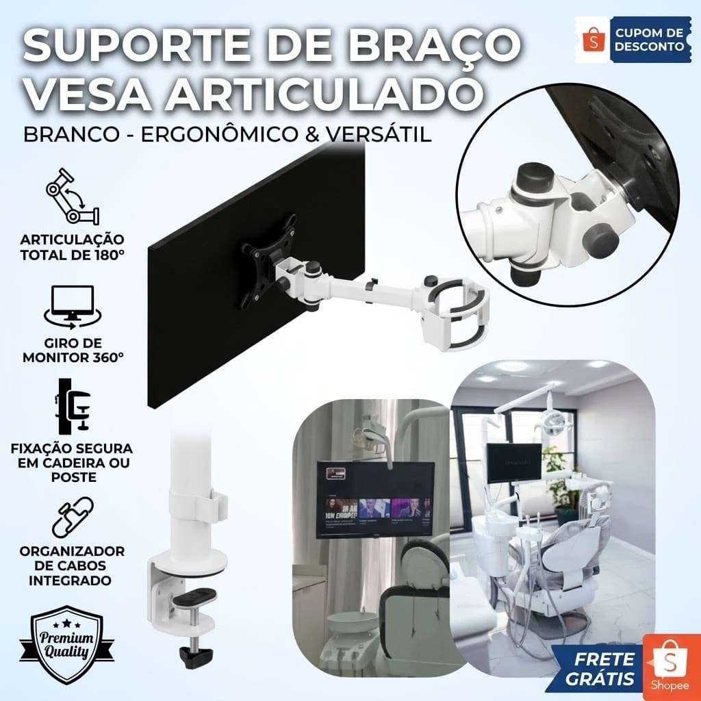 SUPORTE DE TV/MONITOR CADEIRA ODONTOLOGICA ARTICULADO 3 MOVIMENTOS INCLINAÇÃO 90º FIXAÇÃO EM TUBO TELA DE 10 ATÉ 32 POL