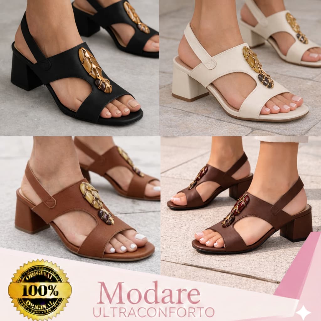 Sandália Modare Feminina Salto Bloco Baixo Grosso Ultraconforto Pedraria Ortopédica Casual Original