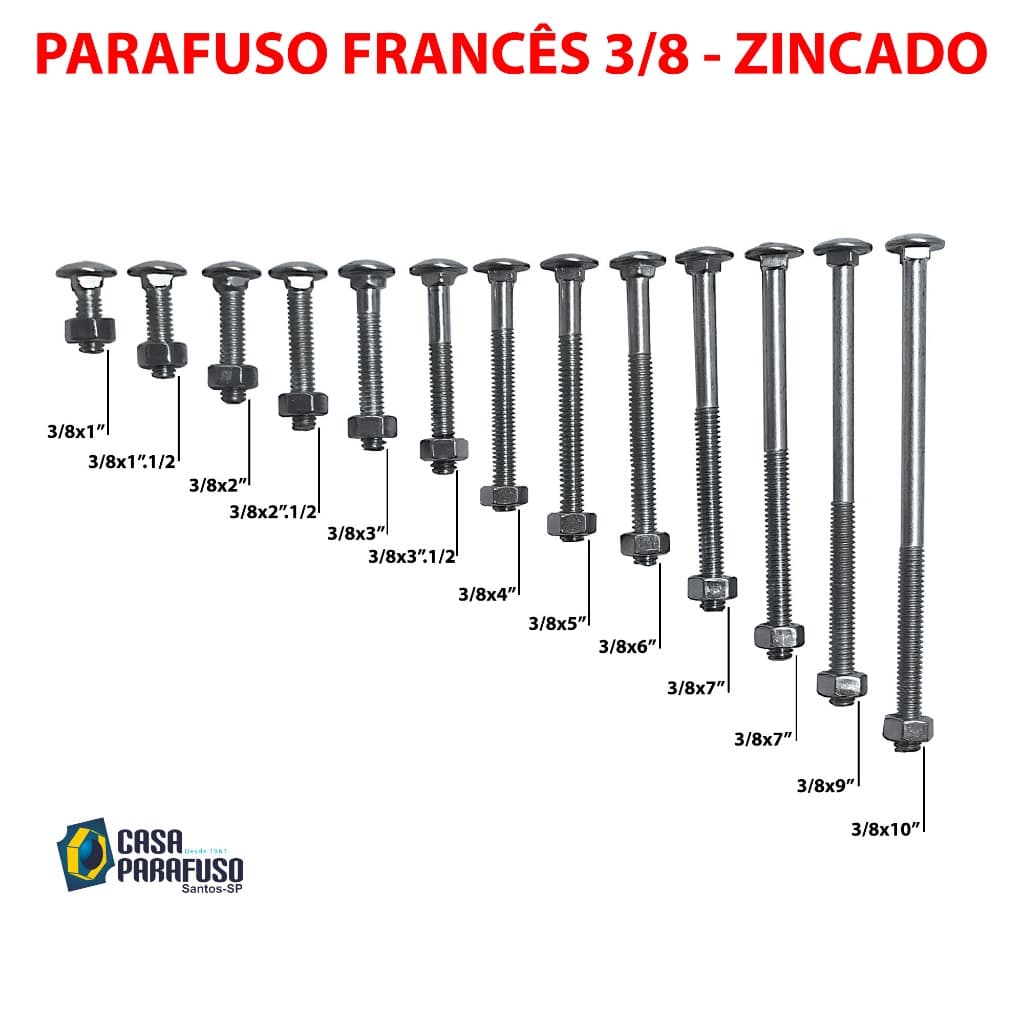 Parafuso Francês 3/8 - Com Porca Sextavada - Aço Zincado - Madeira e Metal - Kit 10 pçs