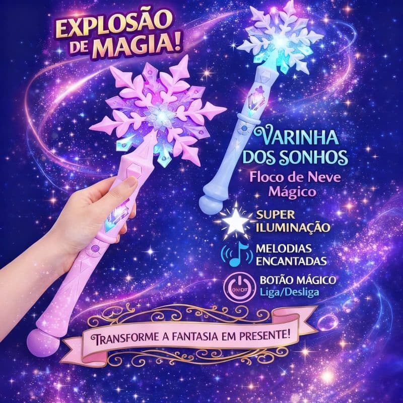 Varinha Mágica Floco de Neve Frozen Com Luz Som e Movimento Brinquedo Infantil Princesa Musical