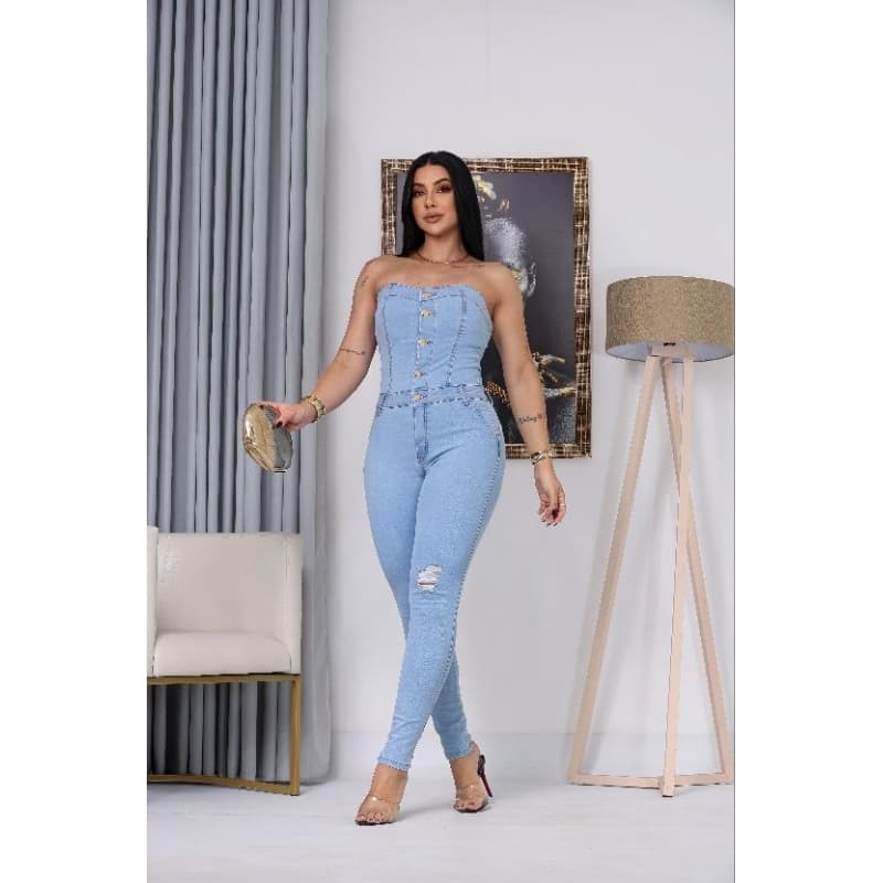 Macacão Tomara Que Caía Jeans Feminino Destroide Liso