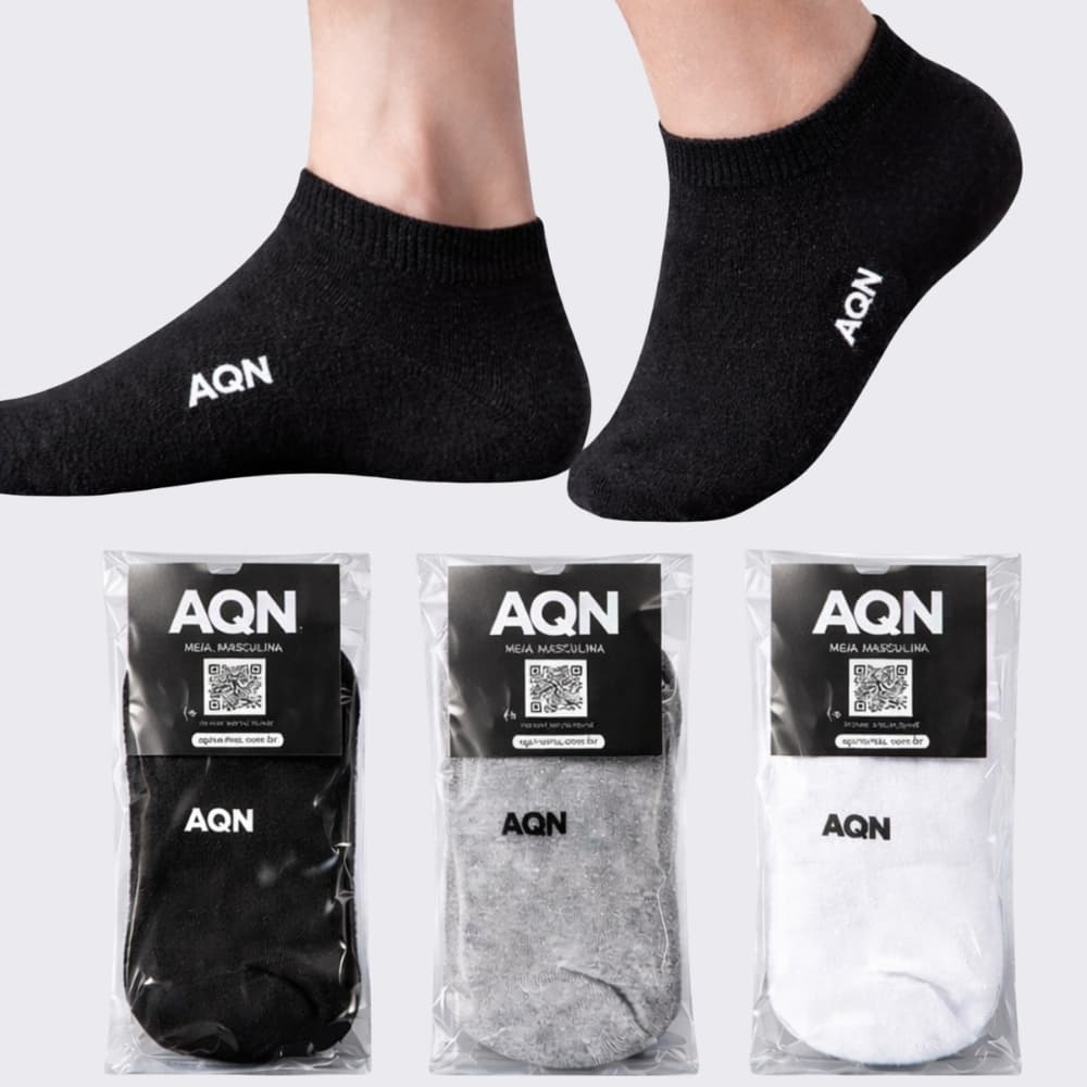 Kit 3 Pares Meia Soquete Masculina Invisível Conforto Preta Branca Cinza AQN SPORT