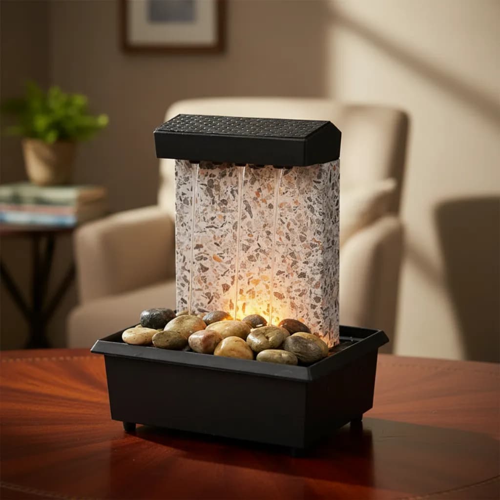 Fonte De Agua Mini Cascata Relaxante Zen Com Led E Pedras Decoração De Mesa