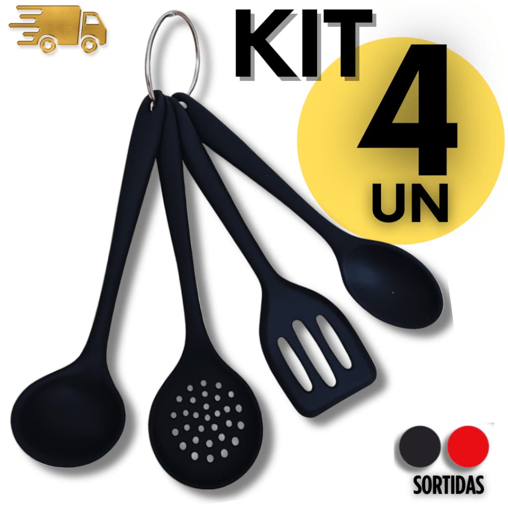 KIT Completo Silicone 4 Peças - Colher de Arrroz Concha de Feijão Espátula Escumadeira Multiuso