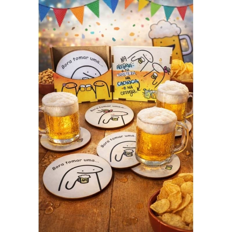 Kit de 6 Porta Copos com caixinha decorada. marcas de cerveja. Descanso para Copos, Bolachas de Mesa