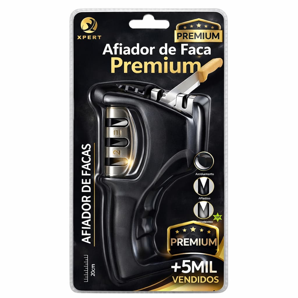 Afiador de Faca Profissional 3 Estágios Amolador Manual Cozinha Inox Portátil Premium Top Preto