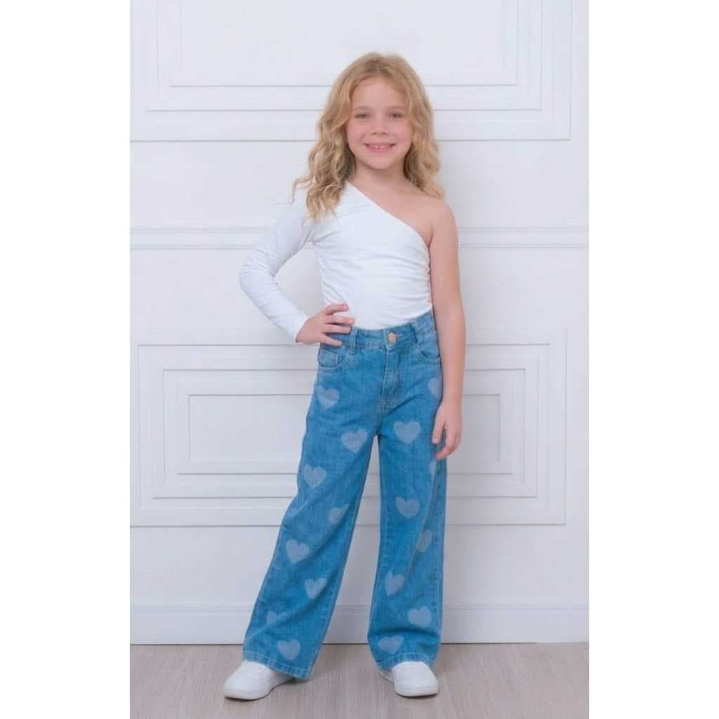 CALÇA JEANS FEMININA INFANTIL WIDE LEG  4/8c/ Elástico Barra Larga Moda Blogueirinha