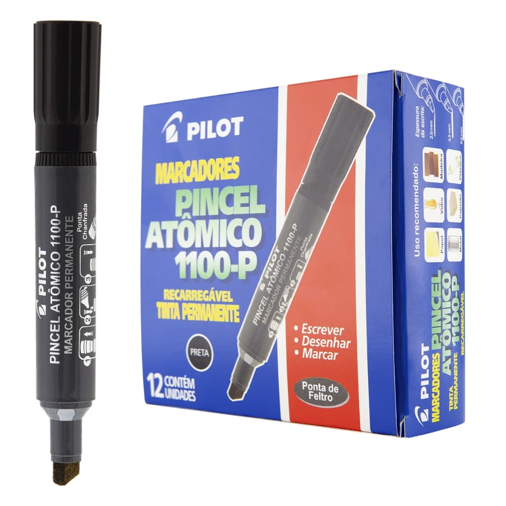 Caixa 12 Pincel Atômico PRETO Pilot Permanente 1100-P Chanfrado