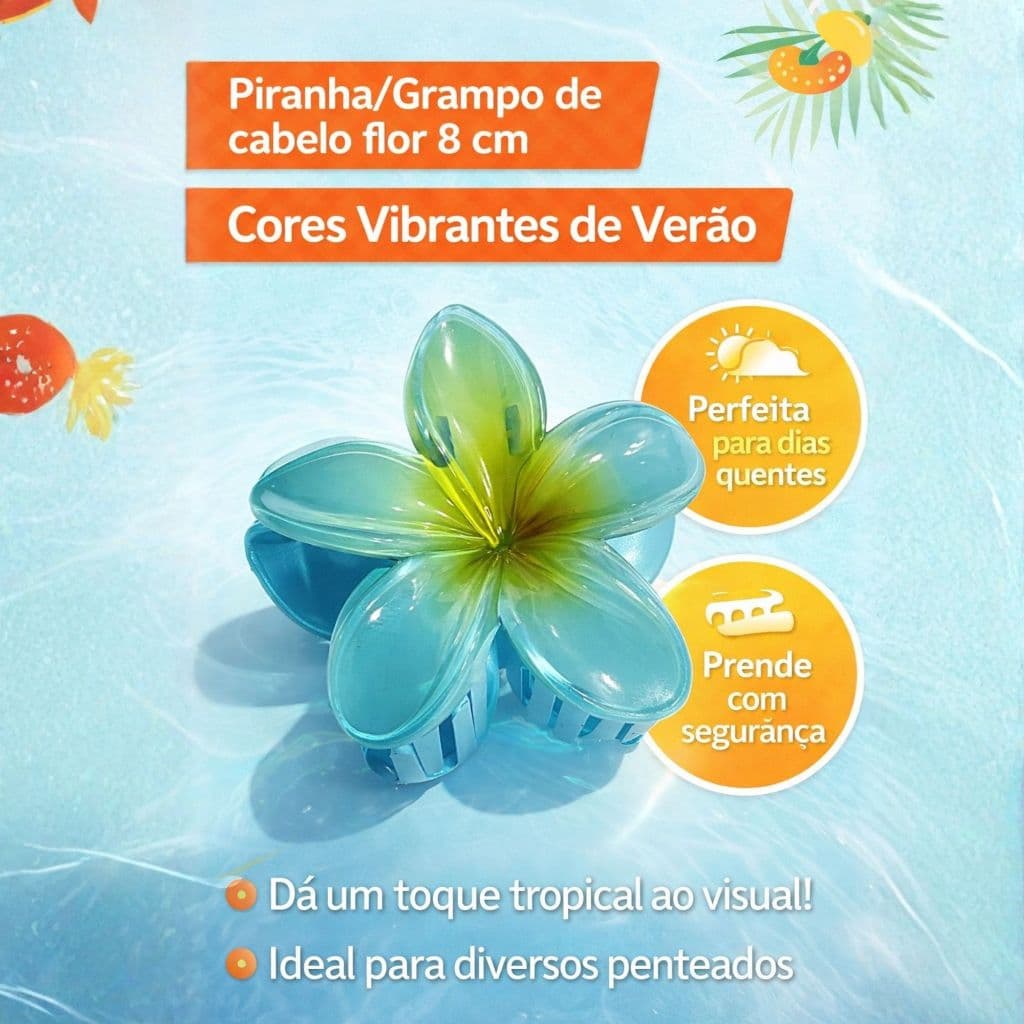 Piranha/Grampo de cabelo flor 8 cm cores vibrantes verão