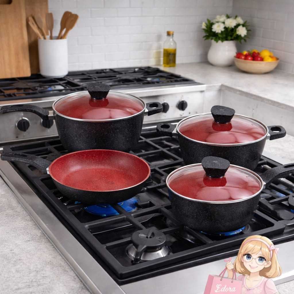 Conjunto Panelas Antiaderente com Tampa de Vidro 04 peças Fácil limpeza - Preto e Vermelho