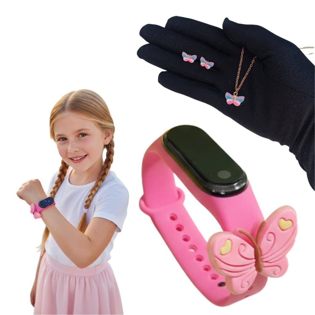 Kit Relógio Digital Infantil Borboleta + Conjunto Colar e Brincos Delicados – Diversas Cores